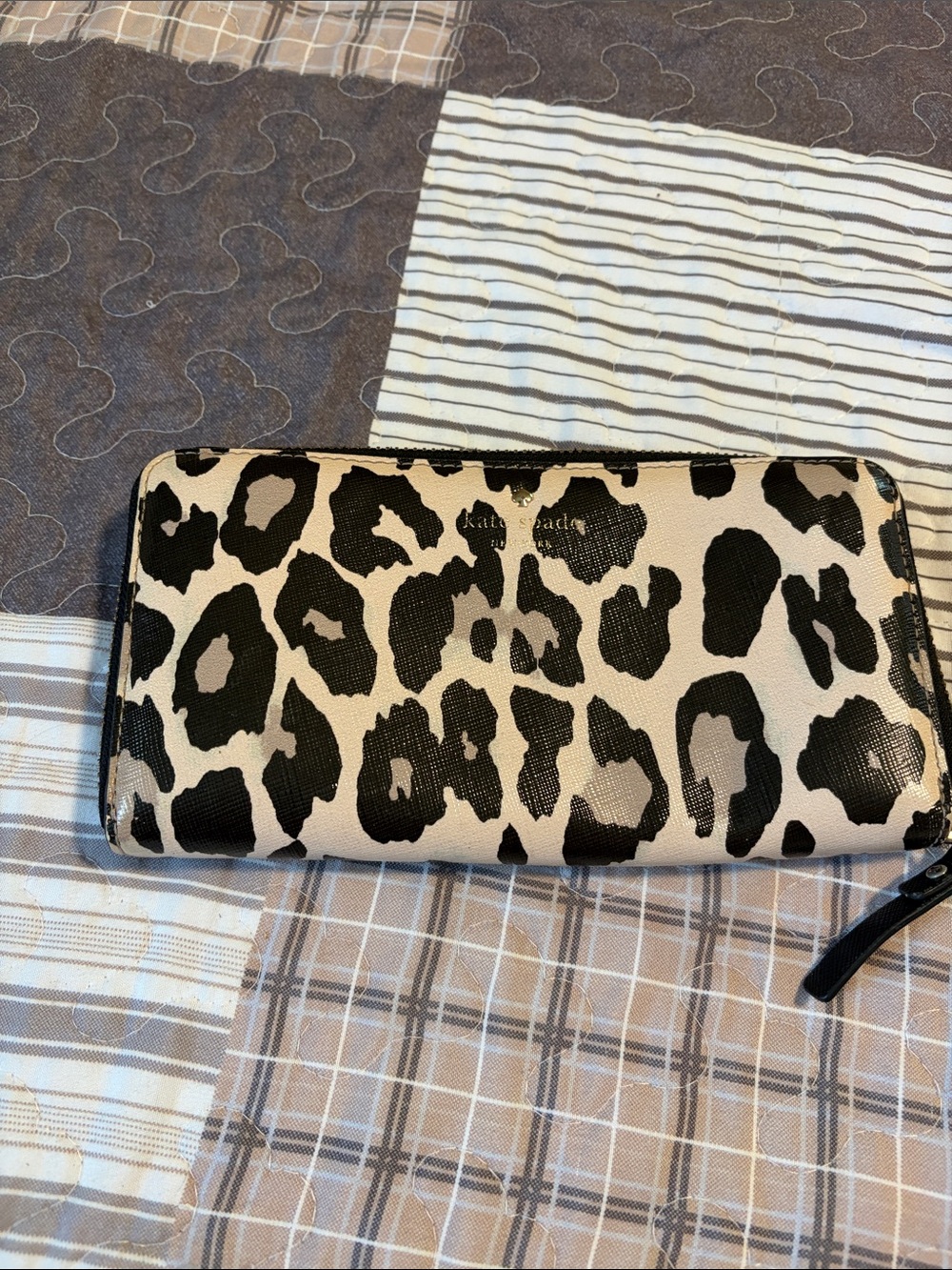 kate spade Black and Cream Leopard Zip Wallet